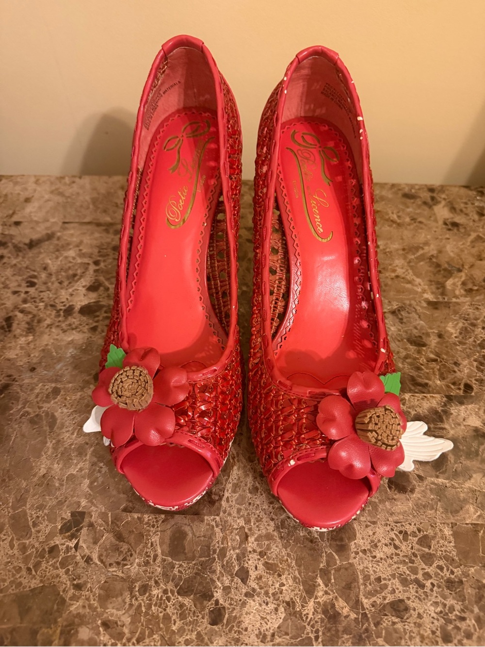 Poetic License of London Red Peep-Toe Heels with Flower Appliqués and net sides!